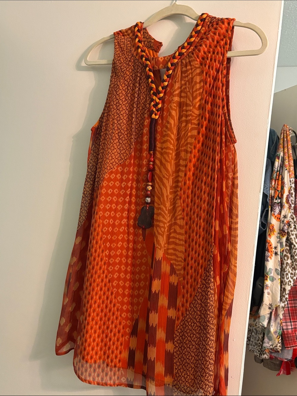 Soft Surroundings Orange Mixed-Print Sleeveless Tunic with Braided Tassel